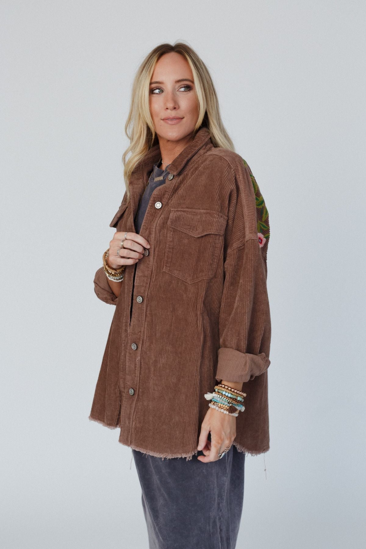 Gardener Embroidered Button Down Top - Mocha