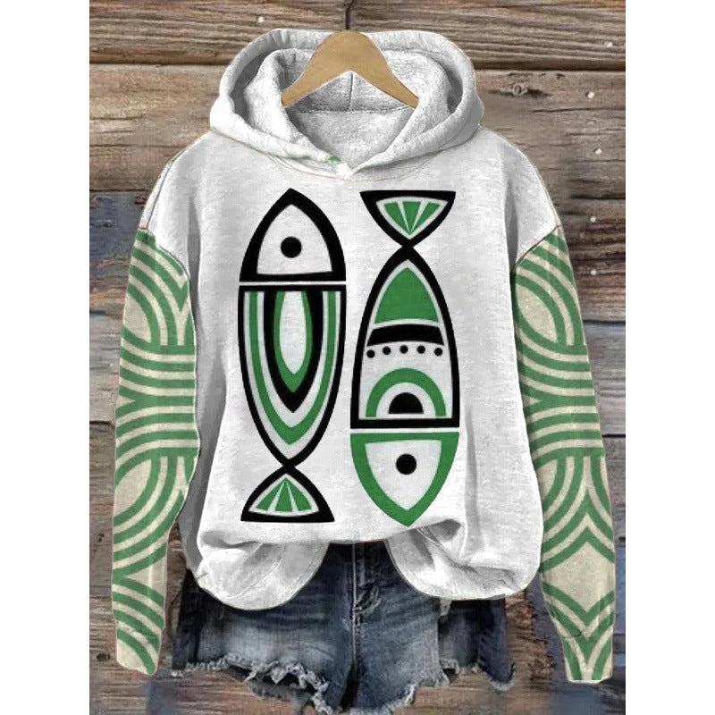Women's Printed Hooded Long Sleeve Pullover Sweatshirt