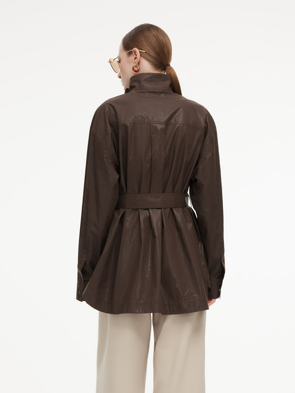 100% Cotton Stand Collar Women Mid Length Trench Coat With Belt
