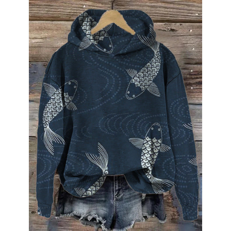 Women's Printed Hooded Long Sleeve Pullover Sweatshirt