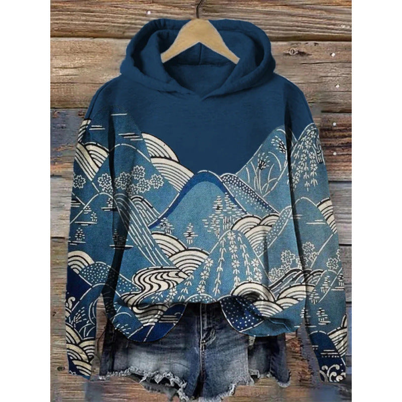 Women's Printed Hooded Long Sleeve Pullover Sweatshirt