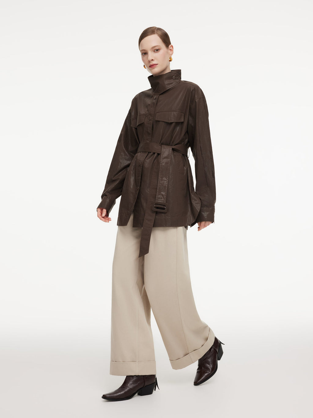 100% Cotton Stand Collar Women Mid Length Trench Coat With Belt