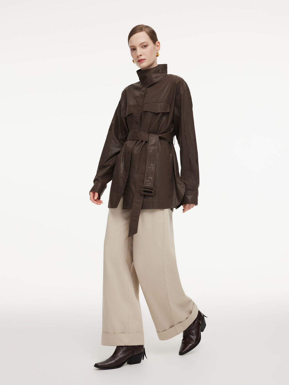 100% Cotton Stand Collar Women Mid Length Trench Coat With Belt