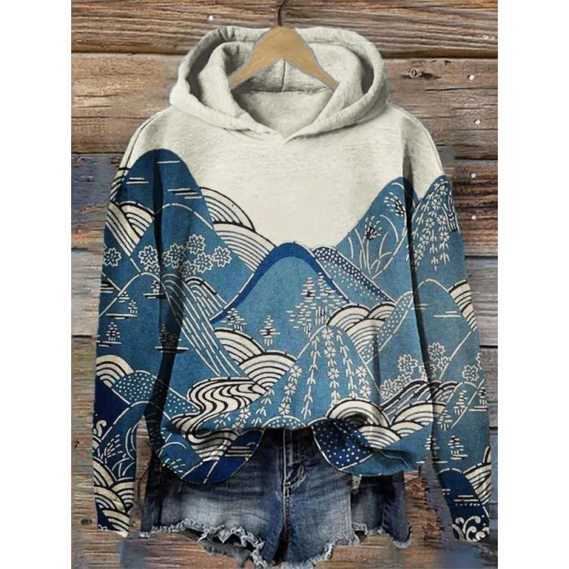 Women's Printed Hooded Long Sleeve Pullover Sweatshirt