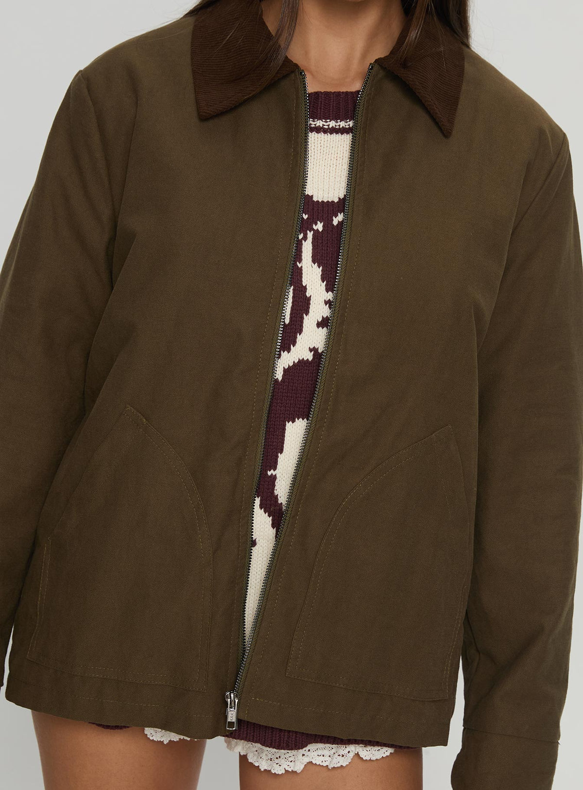 Livya Contrast Collar Utility Jacket Khaki