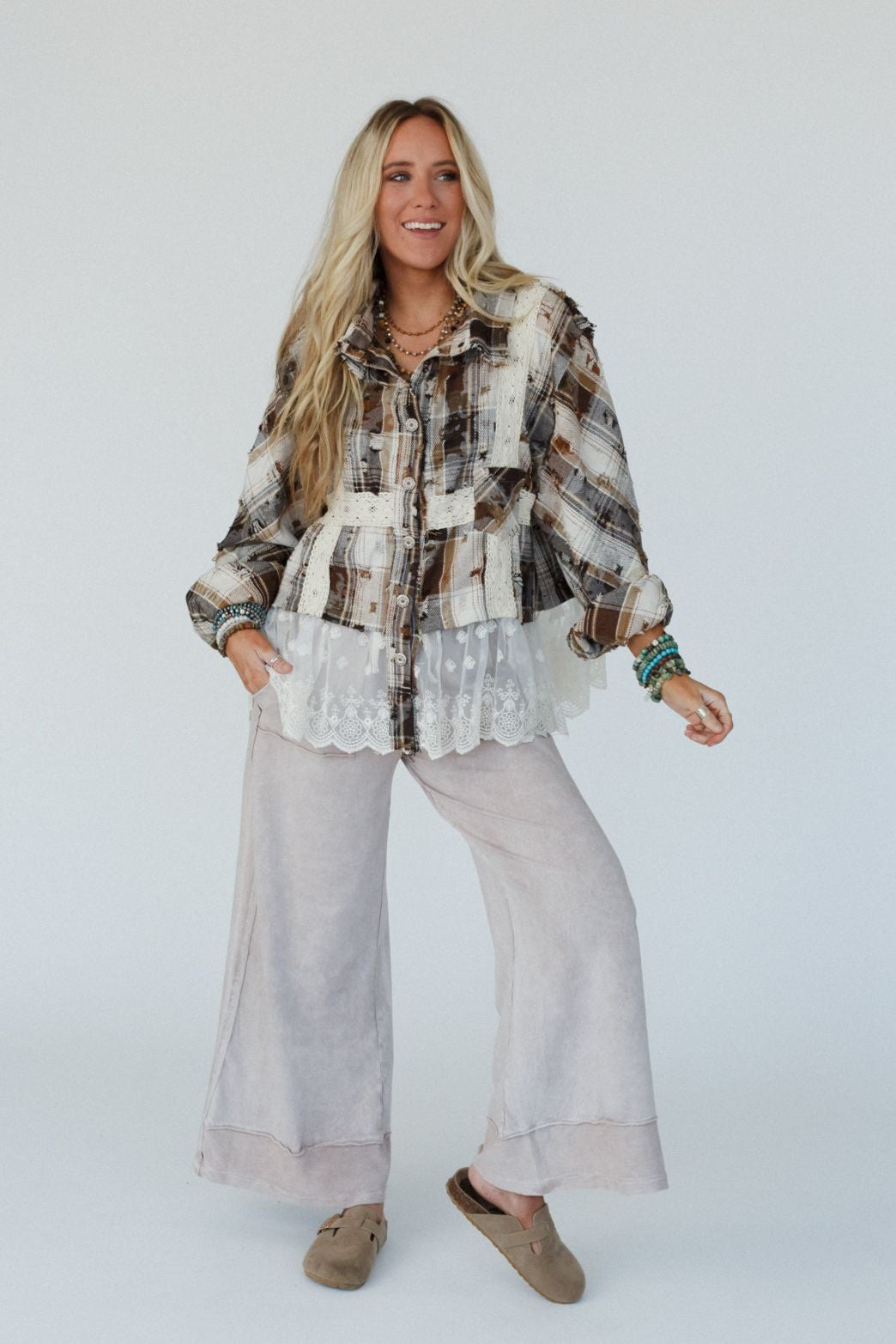 Clementine Plaid Contrast Top - Mocha