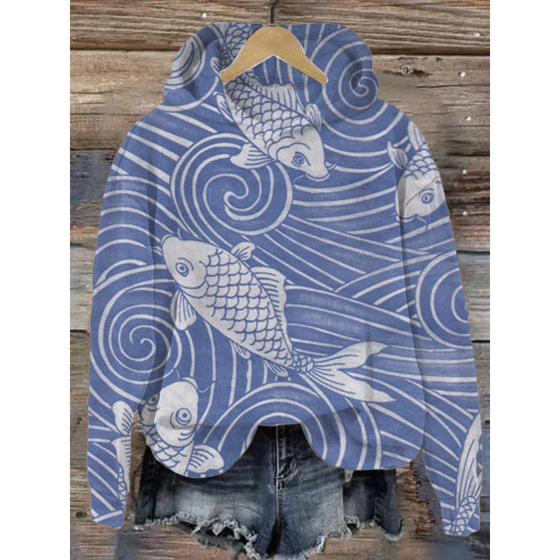 Women's Printed Hooded Long Sleeve Pullover Sweatshirt