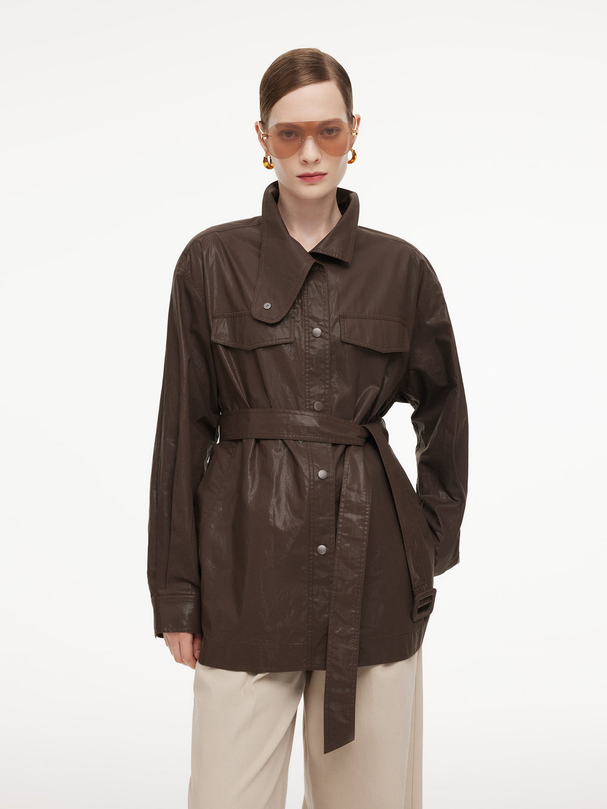 100% Cotton Stand Collar Women Mid Length Trench Coat With Belt