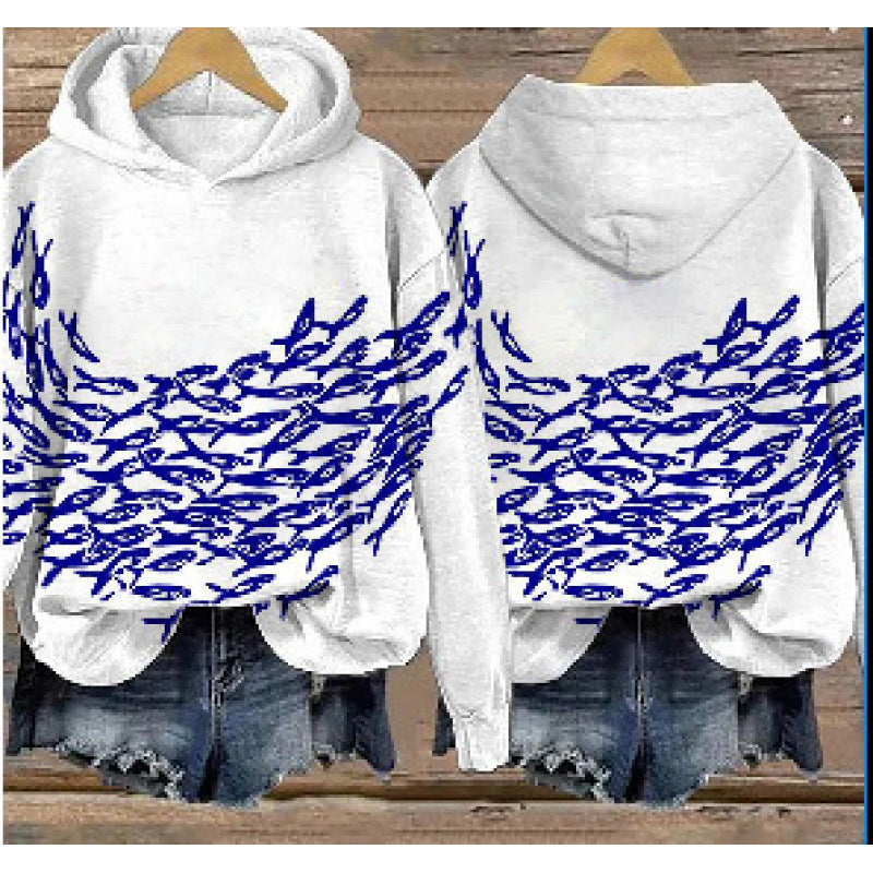 Women's Printed Hooded Long Sleeve Pullover Sweatshirt