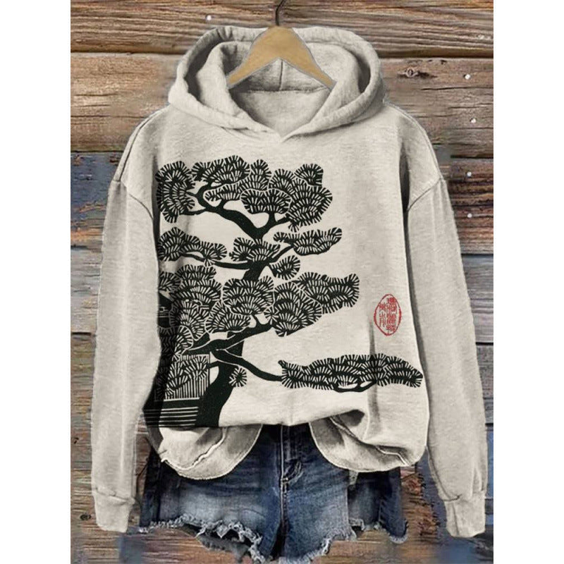 Women's Printed Hooded Long Sleeve Pullover Sweatshirt