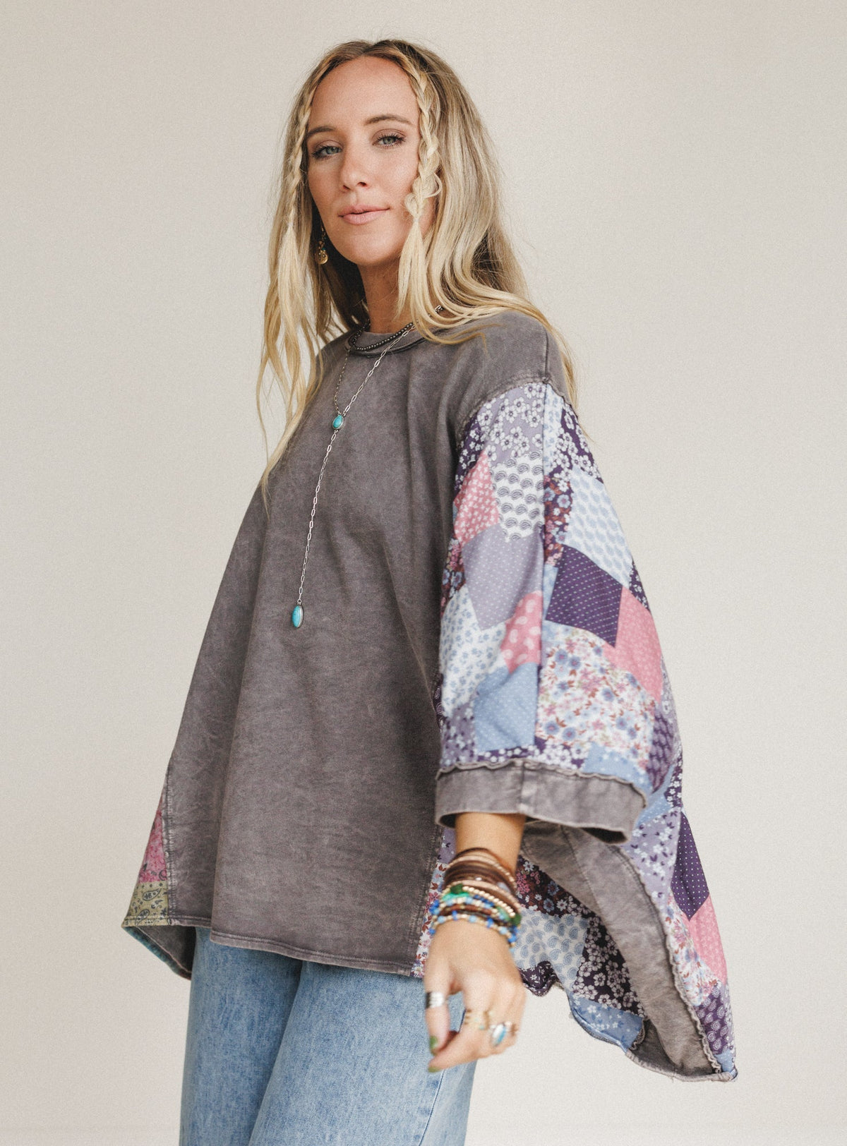 Stone Petal Mix Print Top - Charcoal