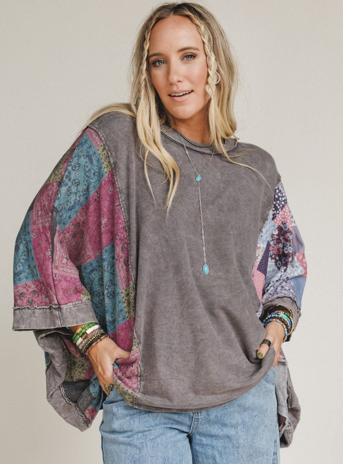 Stone Petal Mix Print Top - Charcoal