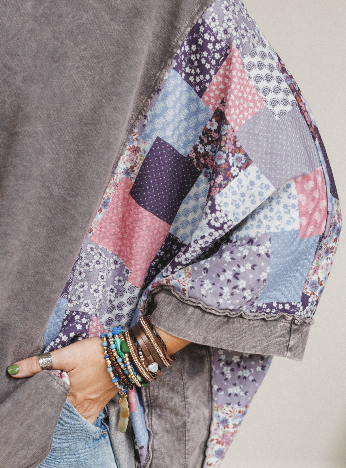 Stone Petal Mix Print Top - Charcoal