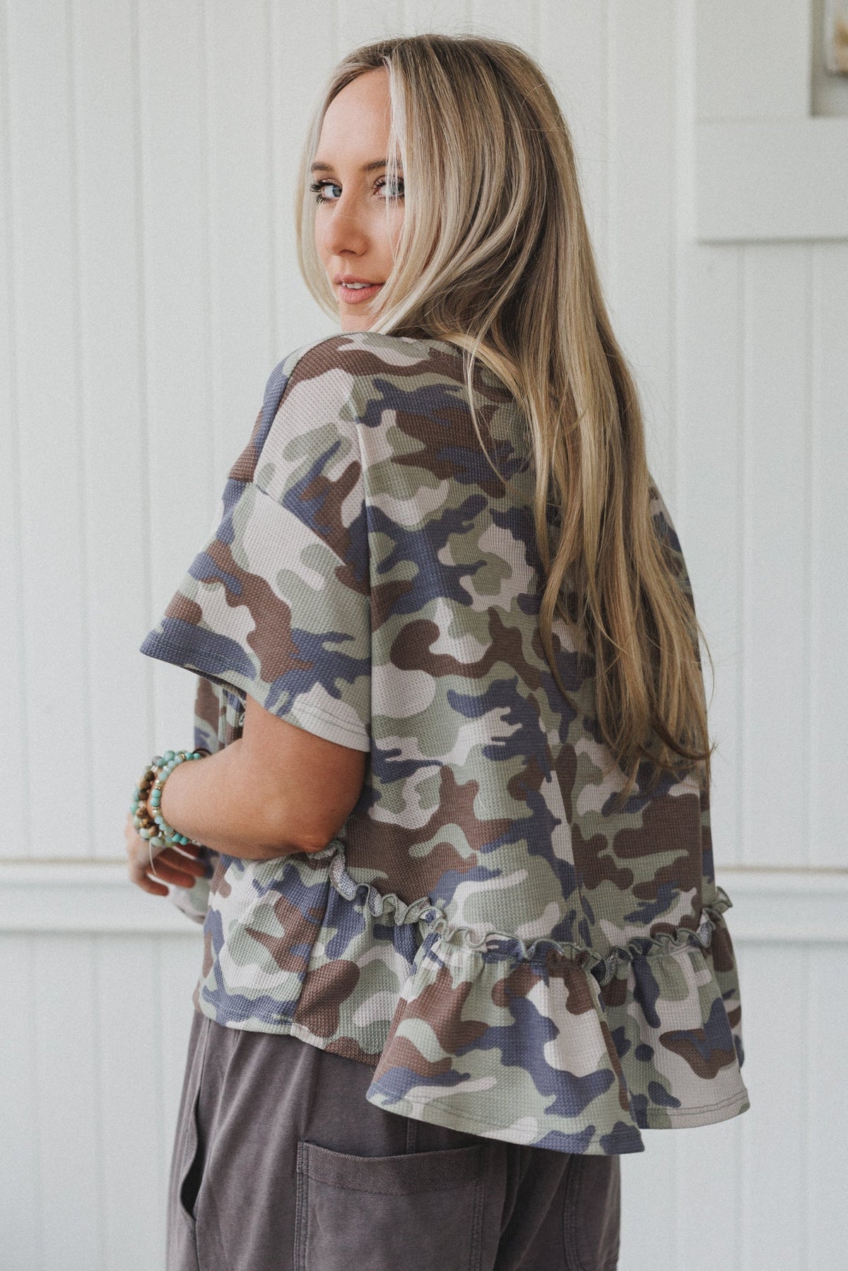 The Nest Camouflage Muse Babydoll Top - Sage
