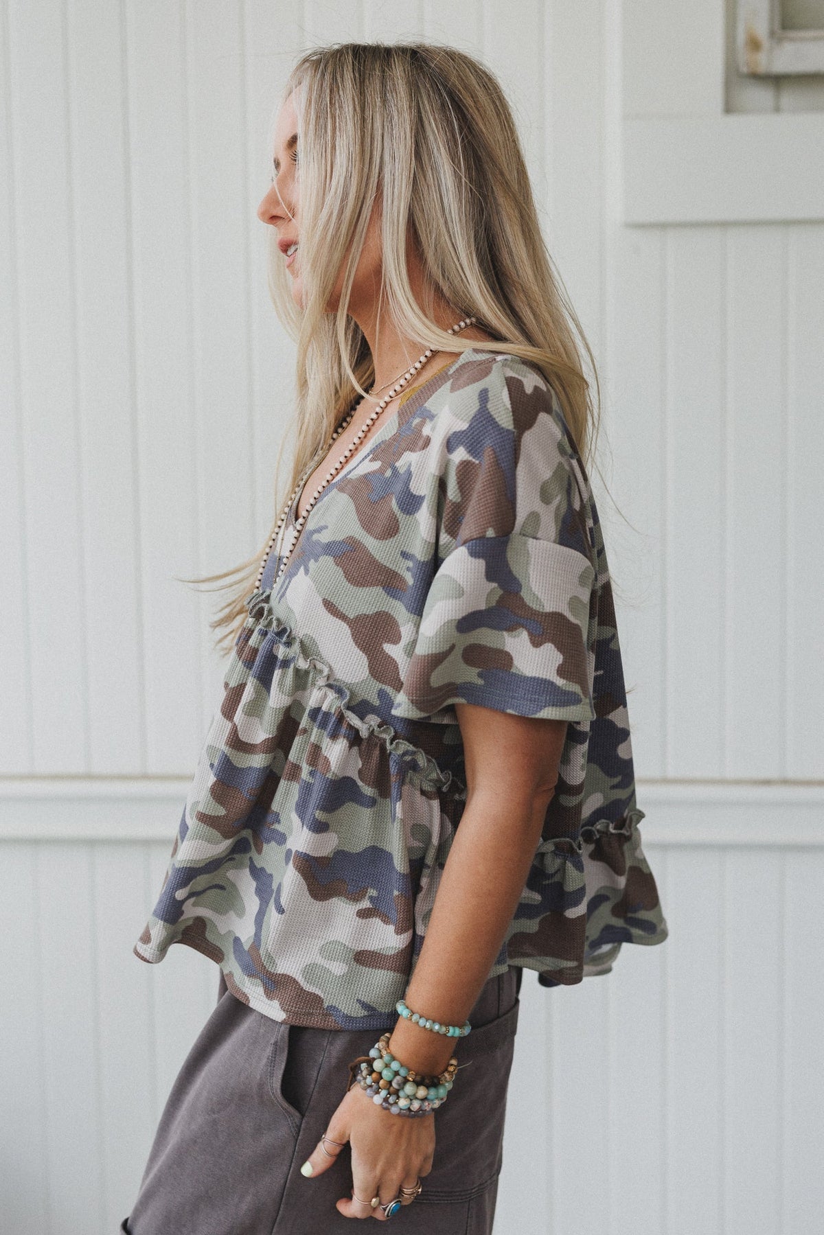 The Nest Camouflage Muse Babydoll Top - Sage