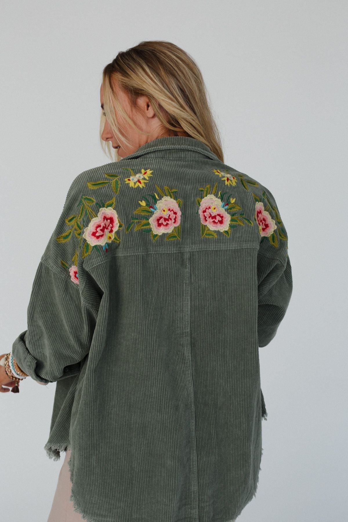 Gardener Embroidered Button Down Top - Olive