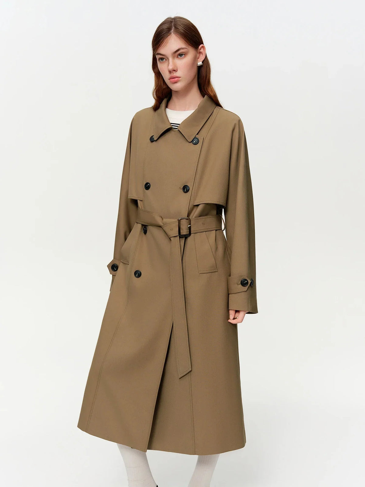 Women's Khaki Double-Breasted Trench Coat Classic Long Fit