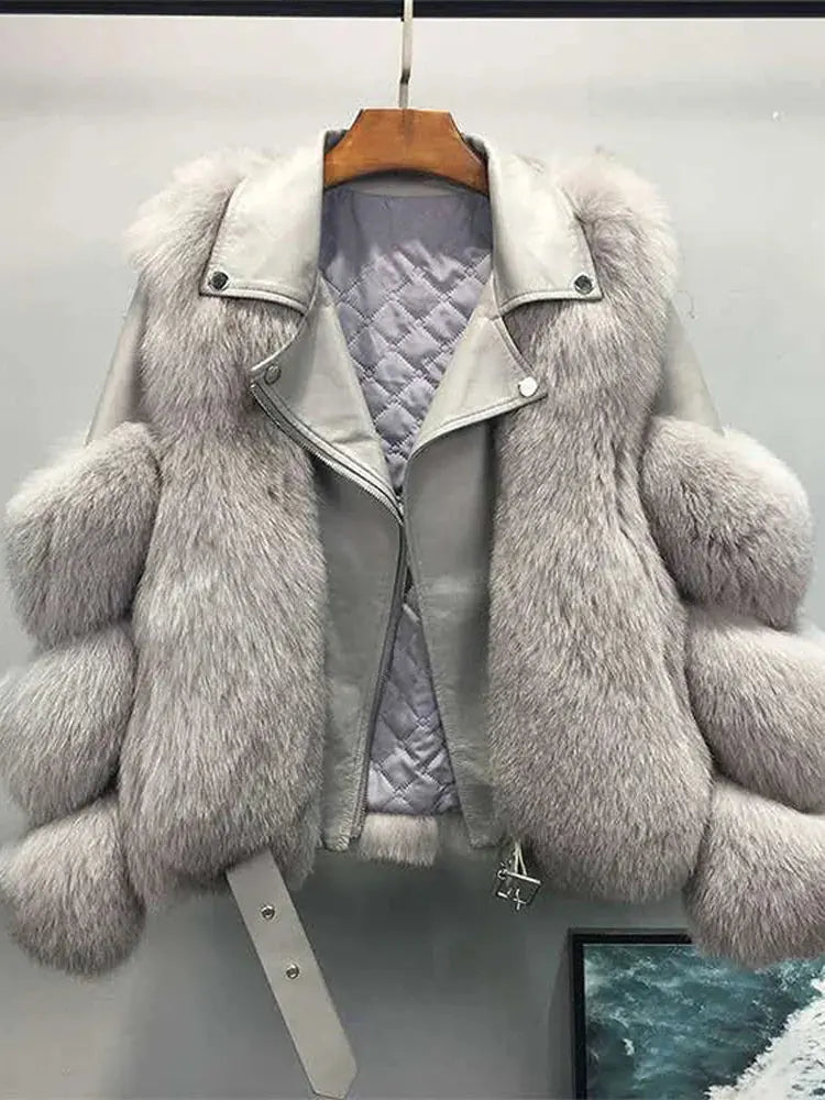 Long Sleeve Leather Jacket With Fluffy Soft Faux Fur