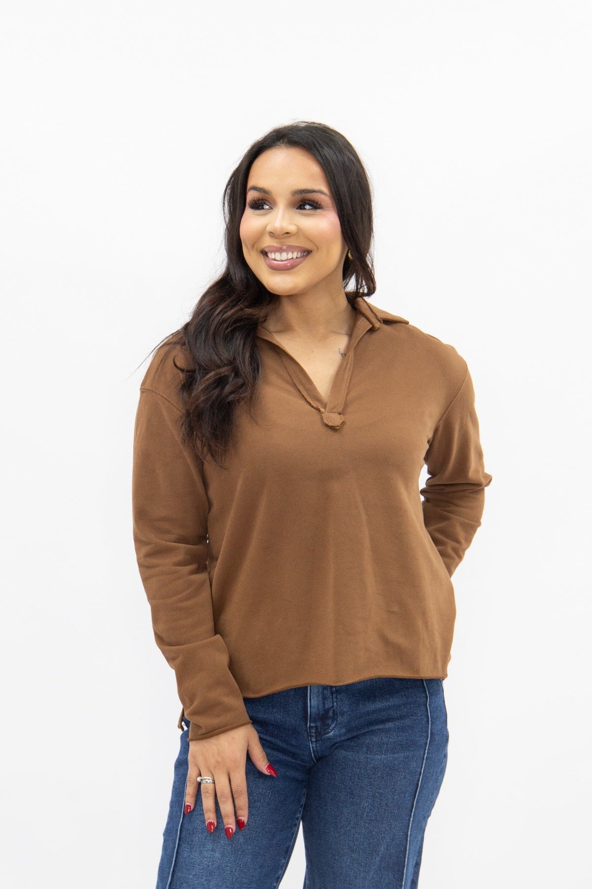 V-Neck Collared Pullover. Brown