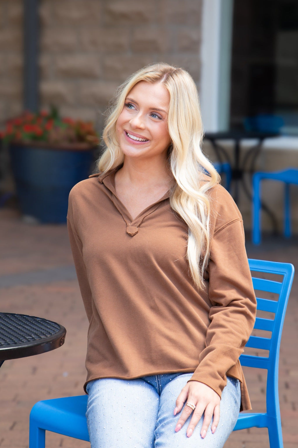 V-Neck Collared Pullover. Brown
