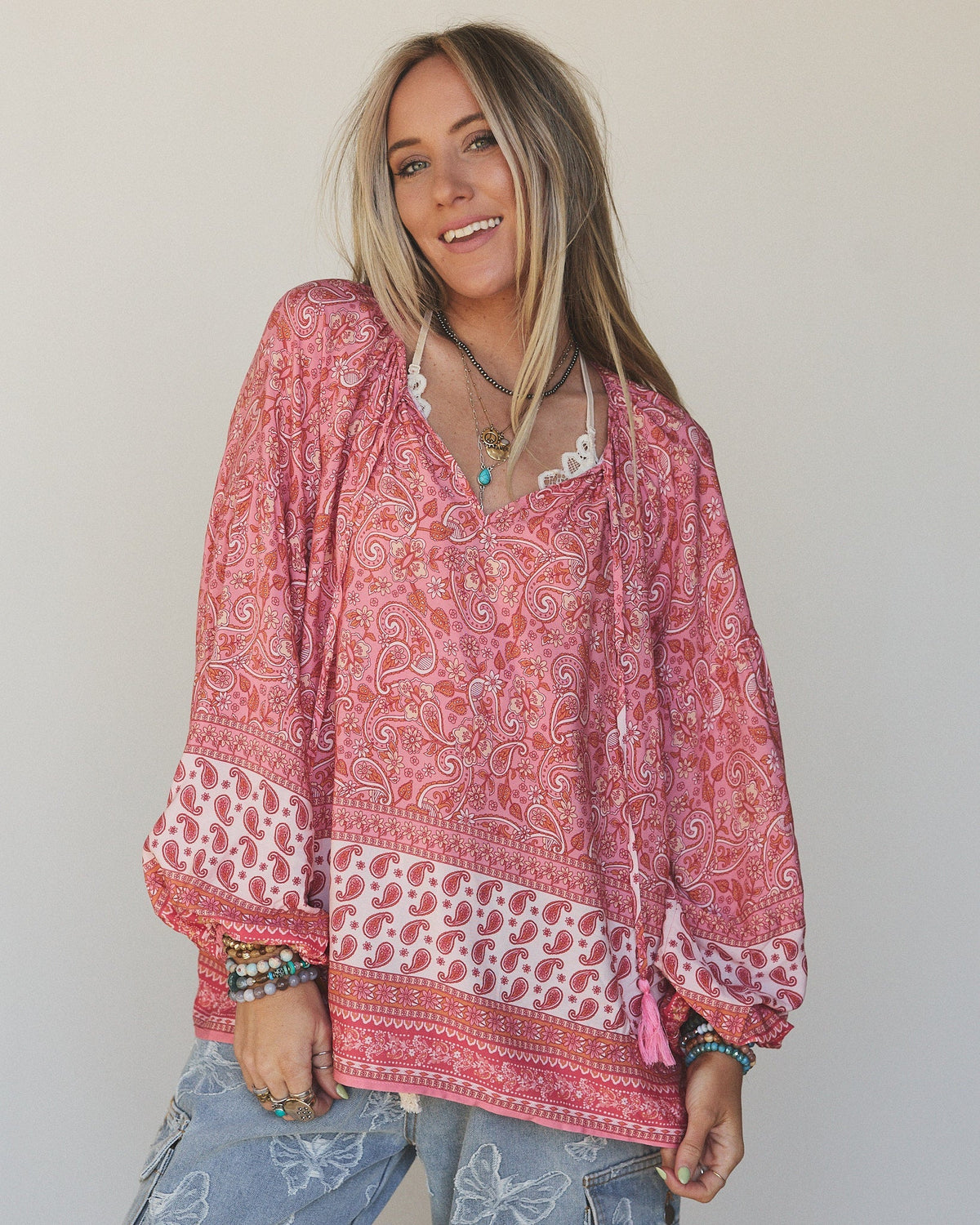 The Nest Lani Border Print Top - Pink Border Print