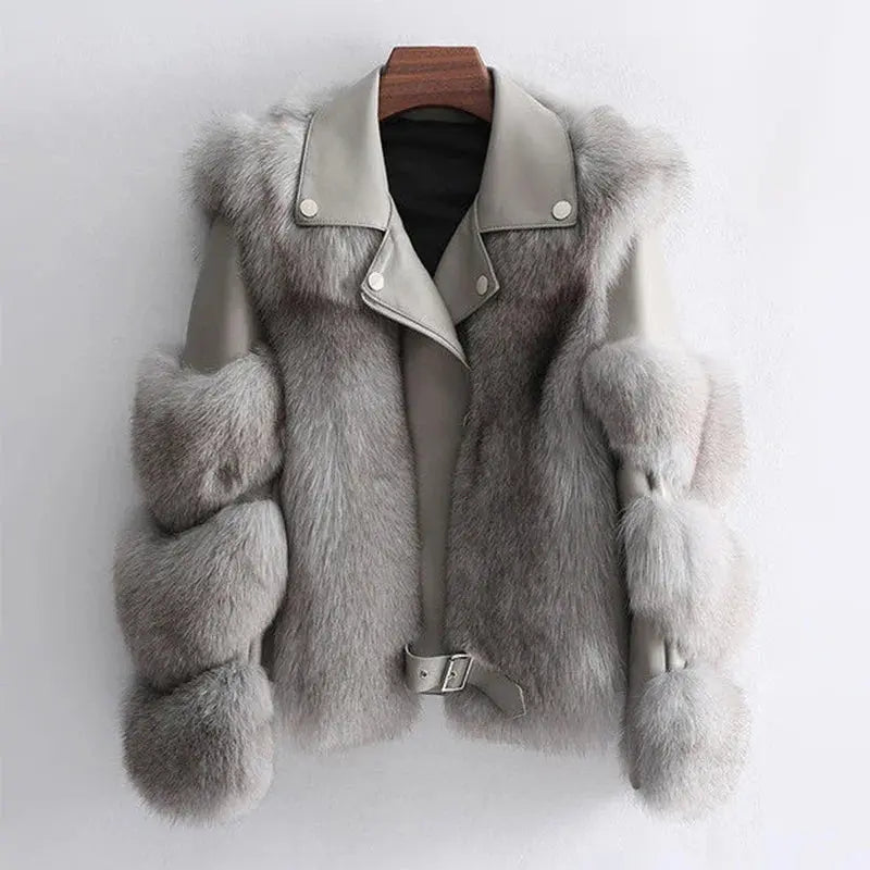 Long Sleeve Leather Jacket With Fluffy Soft Faux Fur