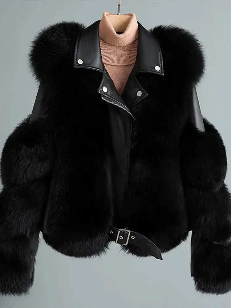 Long Sleeve Leather Jacket With Fluffy Soft Faux Fur
