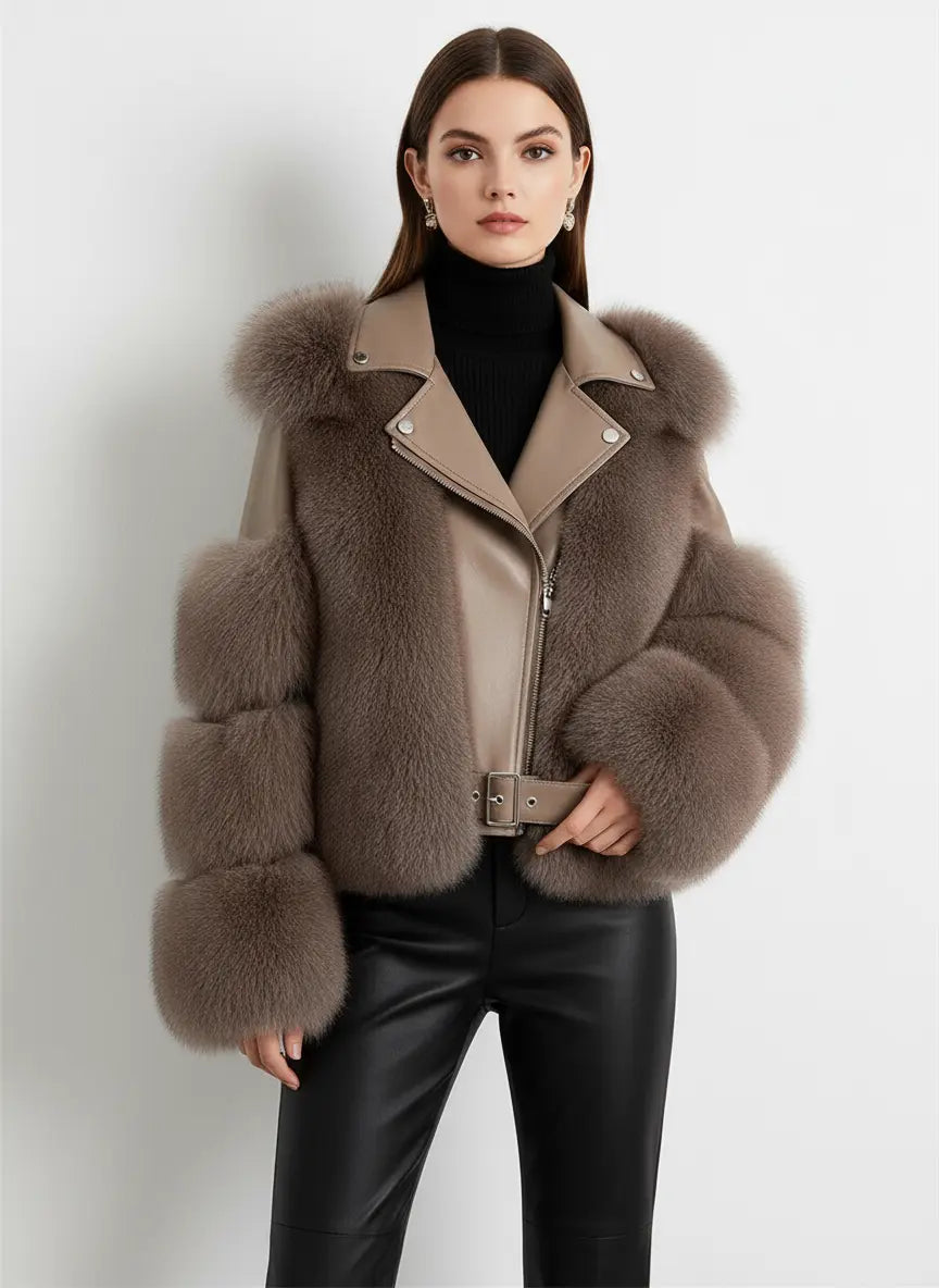 Long Sleeve Leather Jacket With Fluffy Soft Faux Fur