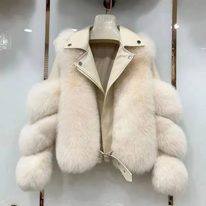 Long Sleeve Leather Jacket With Fluffy Soft Faux Fur