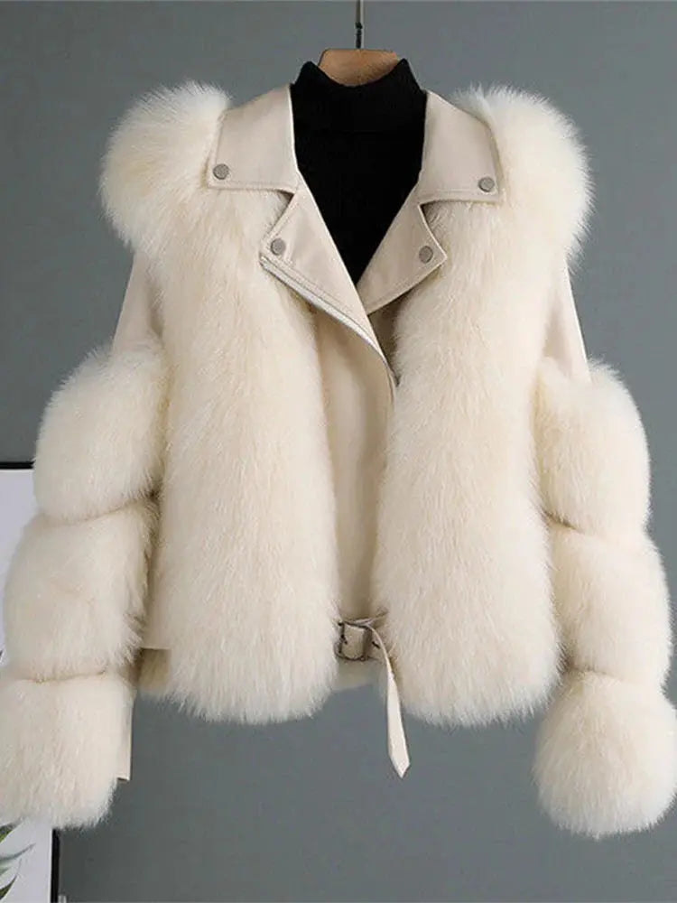 Long Sleeve Leather Jacket With Fluffy Soft Faux Fur