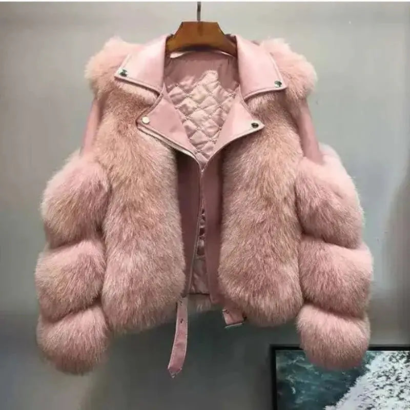 Long Sleeve Leather Jacket With Fluffy Soft Faux Fur