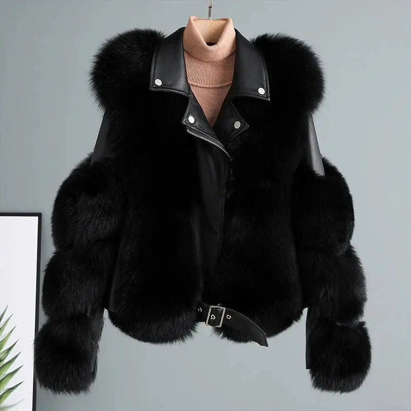 Long Sleeve Leather Jacket With Fluffy Soft Faux Fur