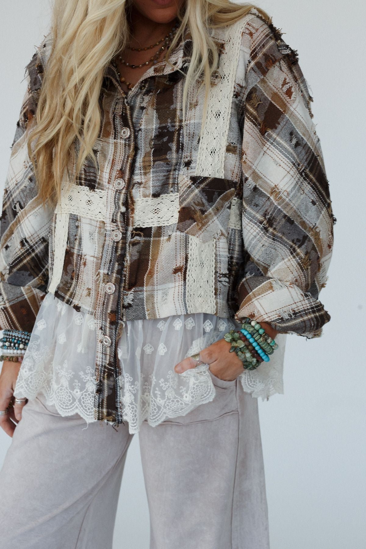 Clementine Plaid Contrast Top - Mocha