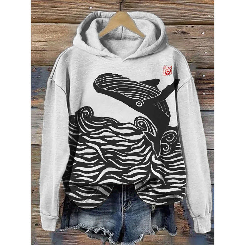Women's Printed Hooded Long Sleeve Pullover Sweatshirt