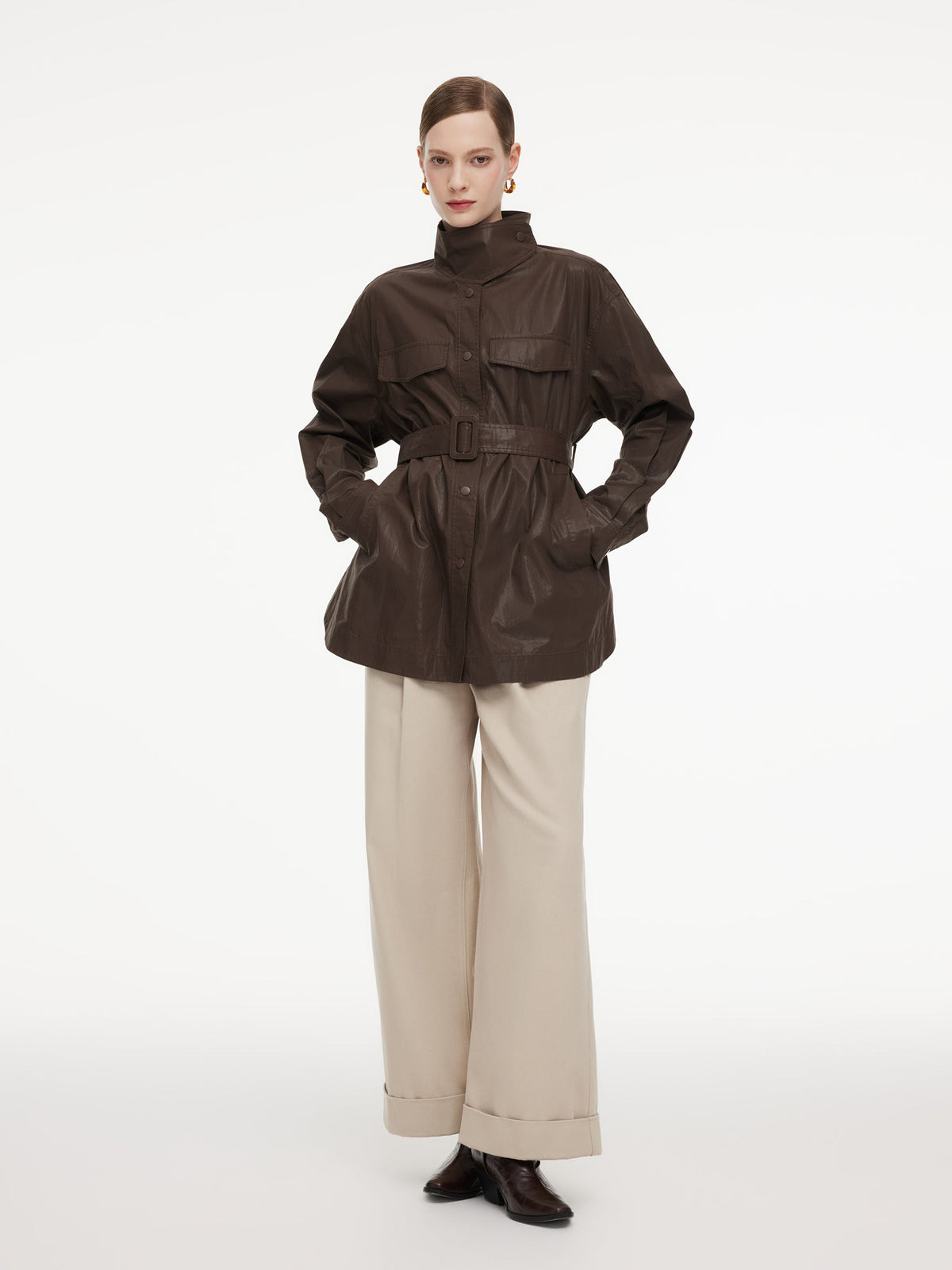 100% Cotton Stand Collar Women Mid Length Trench Coat With Belt