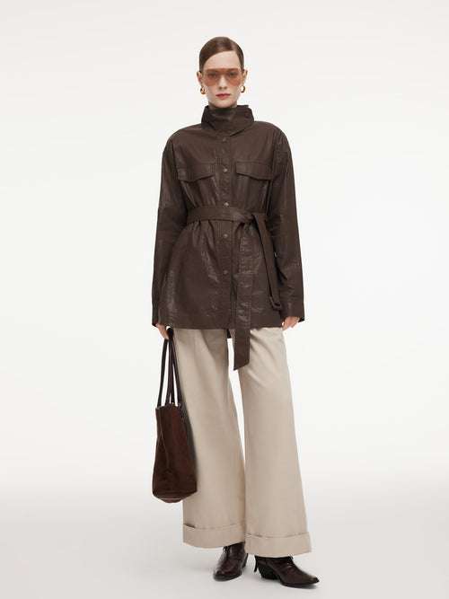 100% Cotton Stand Collar Women Mid Length Trench Coat With Belt