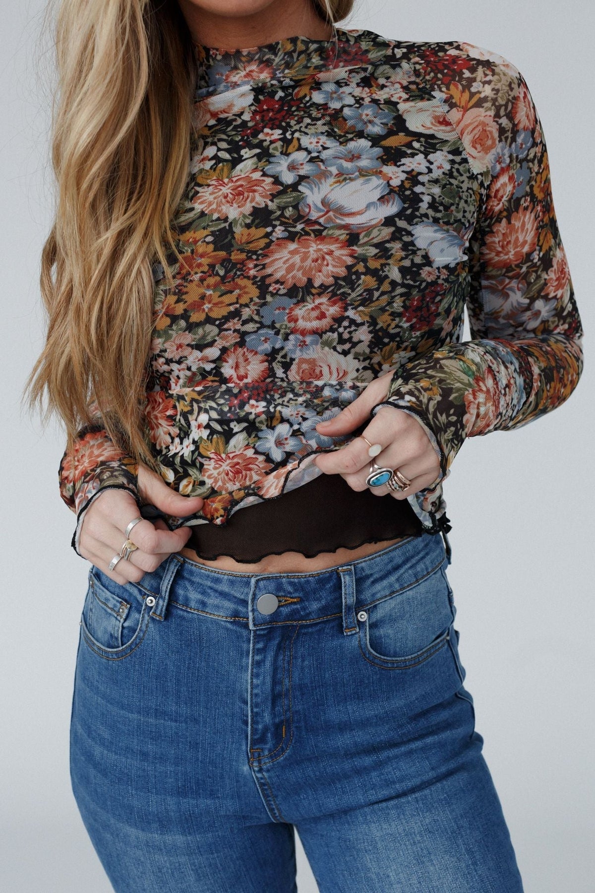 Flower Garden Mesh Long Sleeve Top - Black