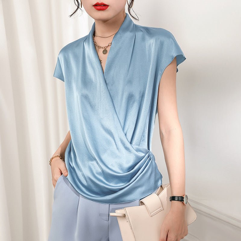 Women's V-Neck Silk Wrap Blouse Short Sleeve Silk Shirt
