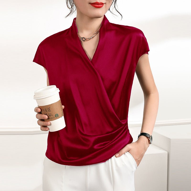 Women's V-Neck Silk Wrap Blouse Short Sleeve Silk Shirt