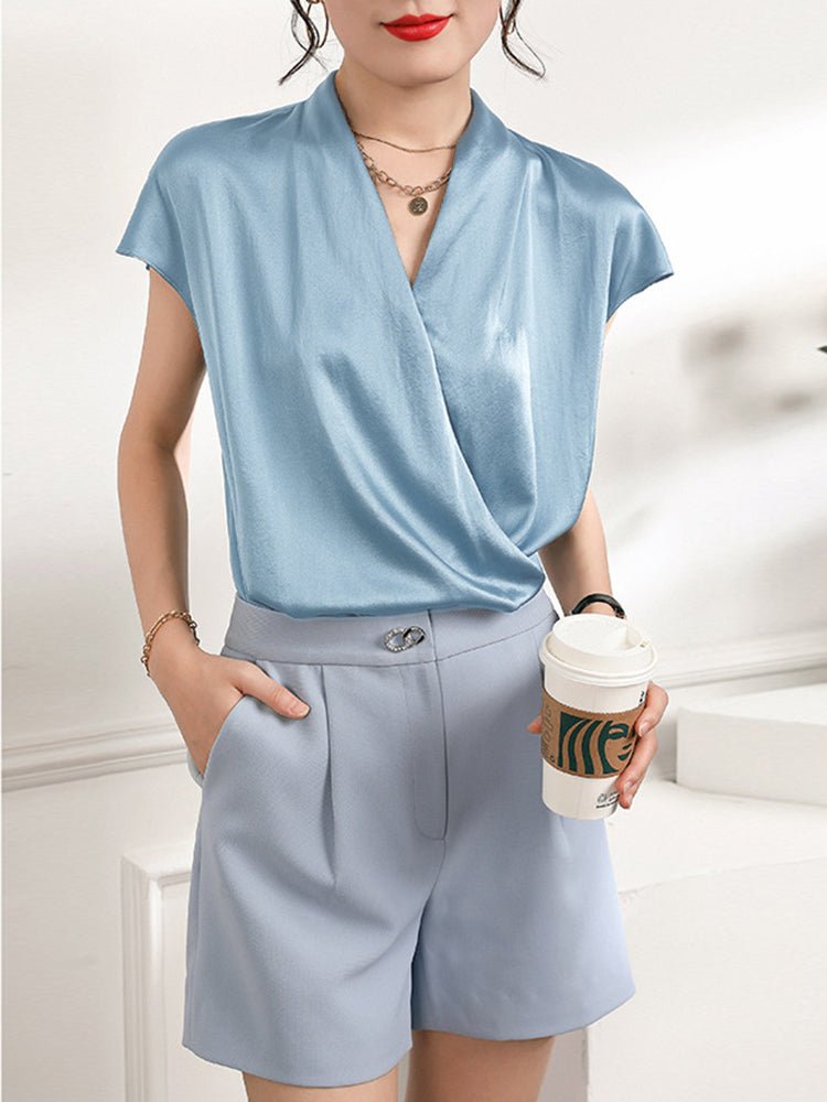 Women's V-Neck Silk Wrap Blouse Short Sleeve Silk Shirt