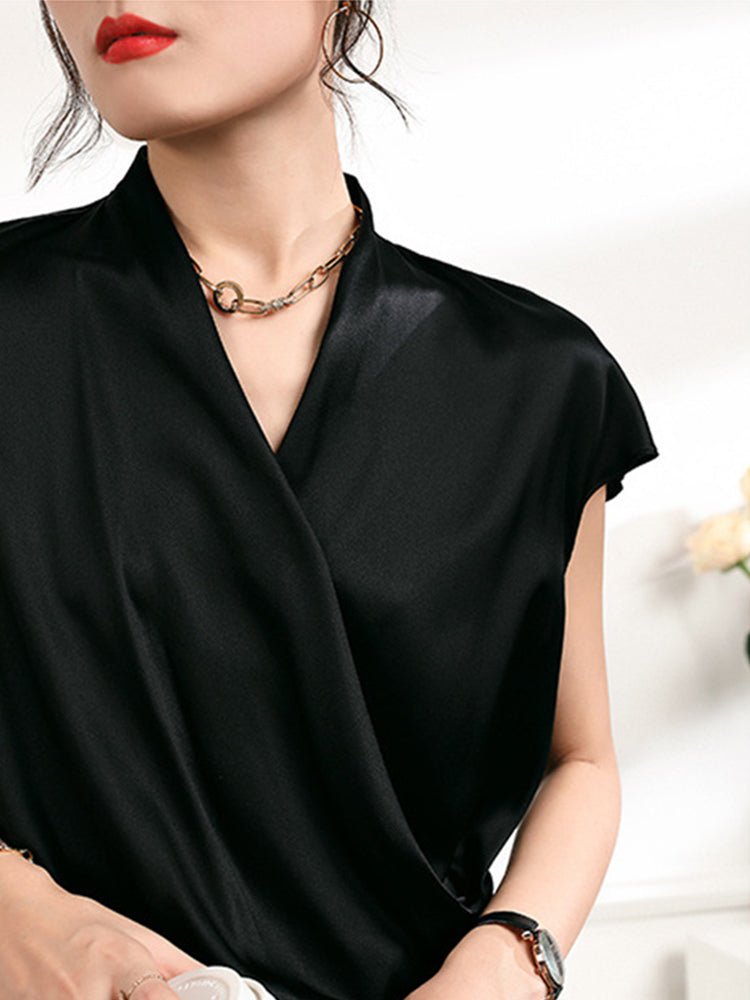 Women's V-Neck Silk Wrap Blouse Short Sleeve Silk Shirt