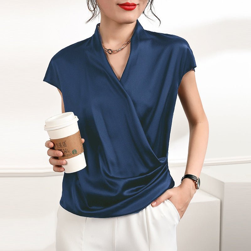Women's V-Neck Silk Wrap Blouse Short Sleeve Silk Shirt