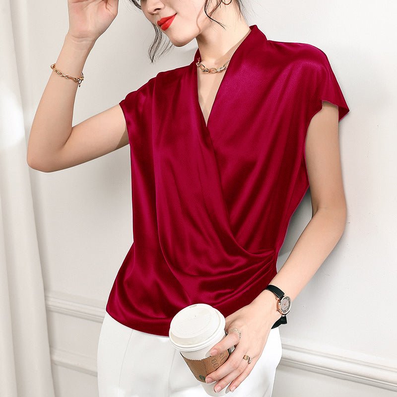 Women's V-Neck Silk Wrap Blouse Short Sleeve Silk Shirt