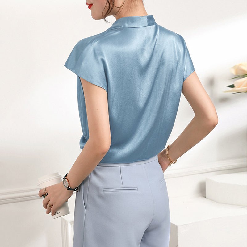 Women's V-Neck Silk Wrap Blouse Short Sleeve Silk Shirt