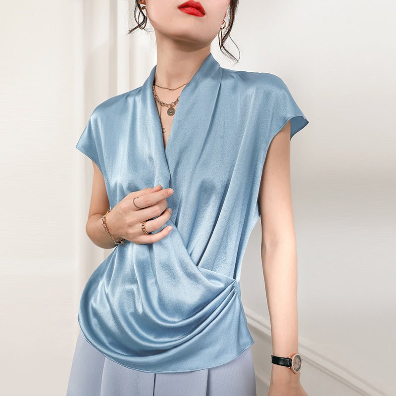 Women's V-Neck Silk Wrap Blouse Short Sleeve Silk Shirt