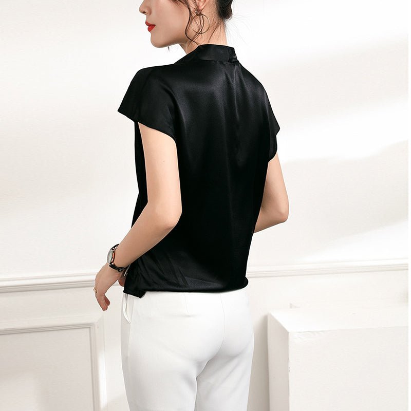 Women's V-Neck Silk Wrap Blouse Short Sleeve Silk Shirt