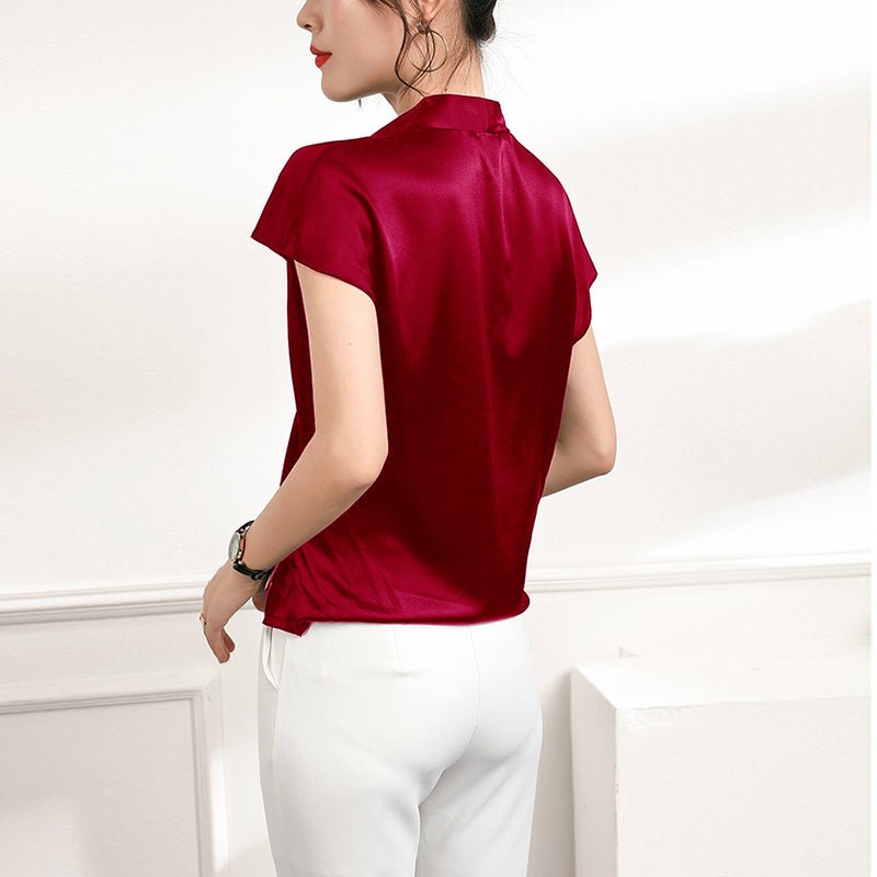 Women's V-Neck Silk Wrap Blouse Short Sleeve Silk Shirt