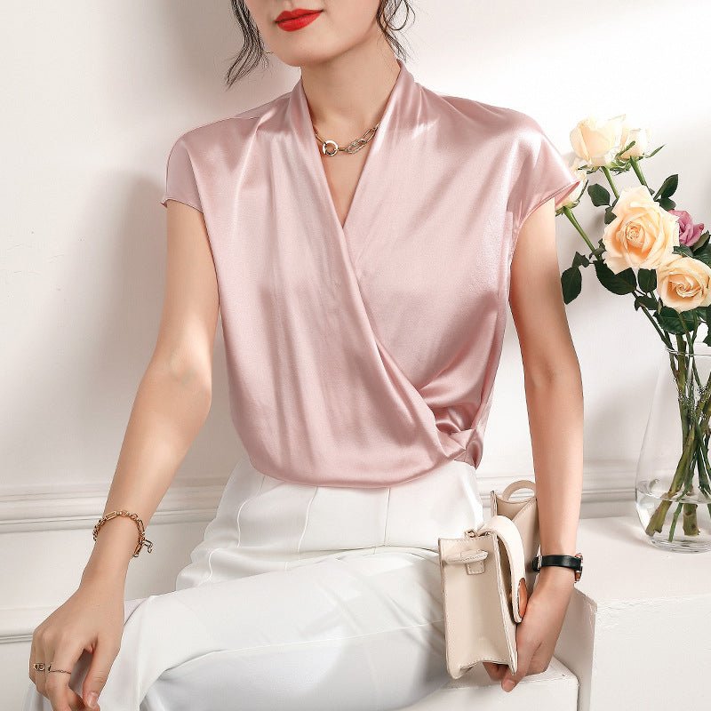 Women's V-Neck Silk Wrap Blouse Short Sleeve Silk Shirt