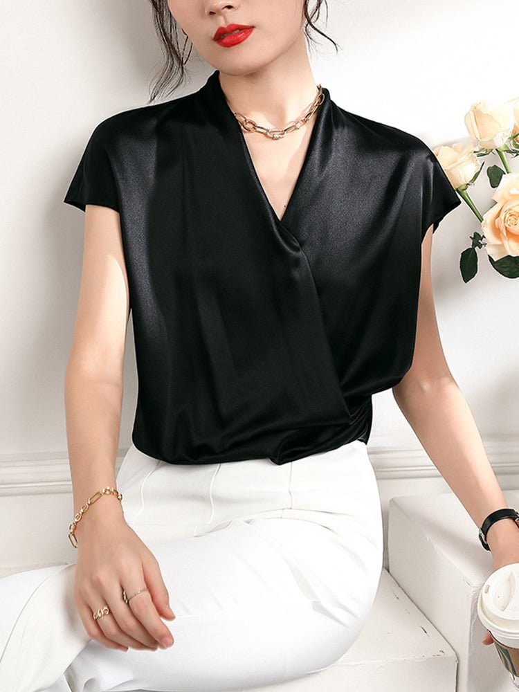 Women's V-Neck Silk Wrap Blouse Short Sleeve Silk Shirt