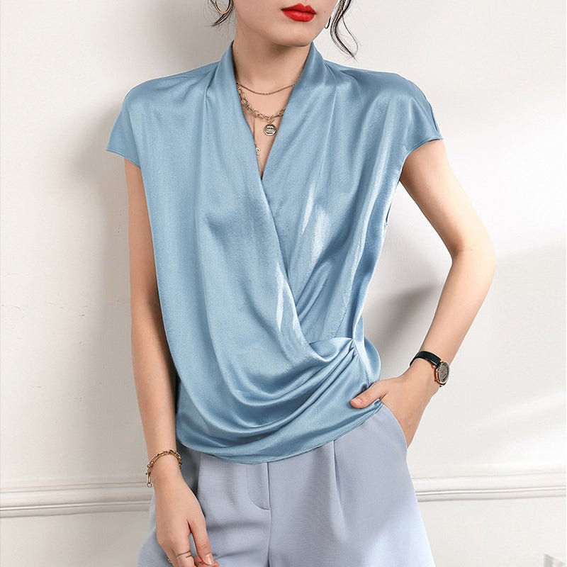 Women's V-Neck Silk Wrap Blouse Short Sleeve Silk Shirt